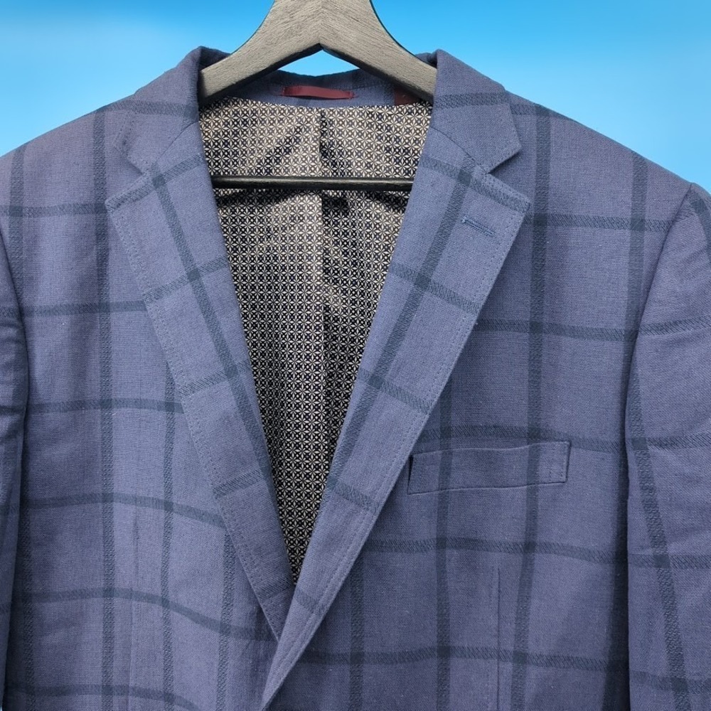 Johnston & Murphy Linen Blend Sport Coat Blazer Blue Windowpane Men's Medium - Picture 9 of 15